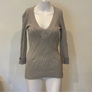 Vintage BEBE Gray Cable Knit Sweater Size S V-Neck Pointelle Y2K 90s Coquette